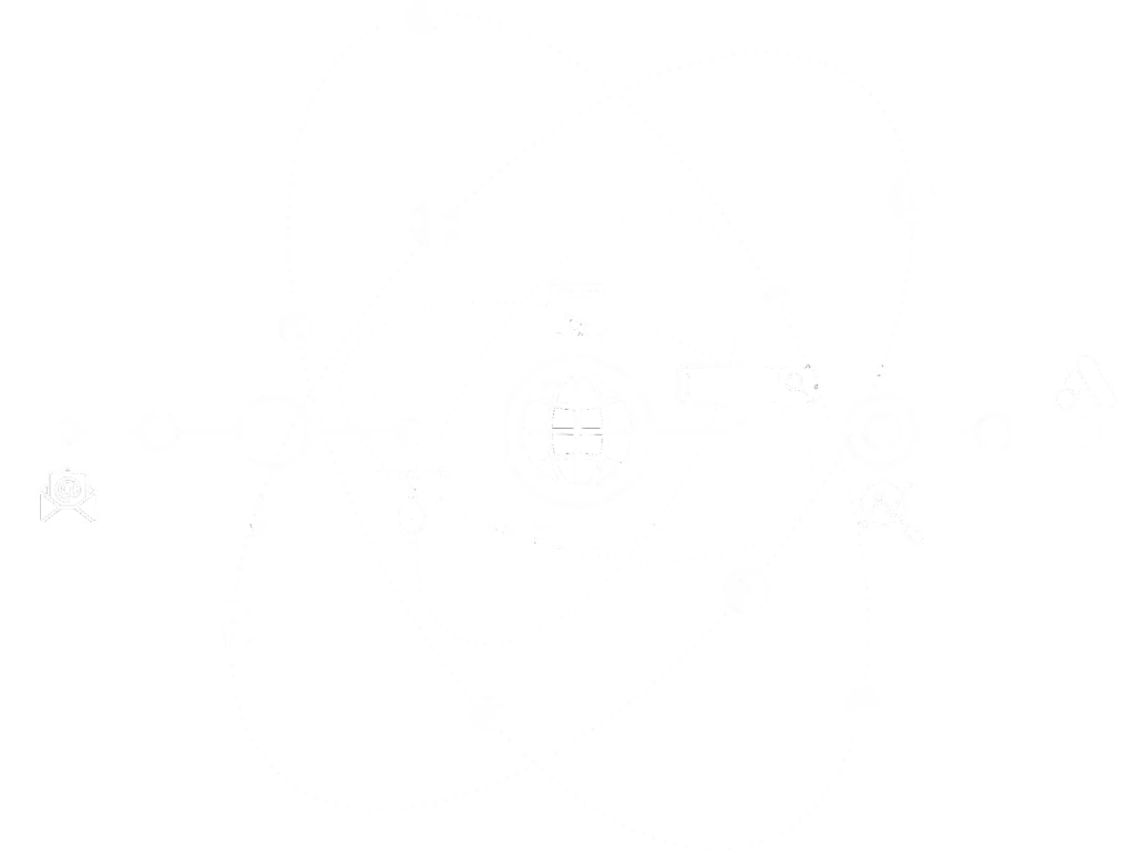 Minimalist line art diagram illustrating an interconnected digital marketing ecosystem centered around web development, SEO, and online advertising
